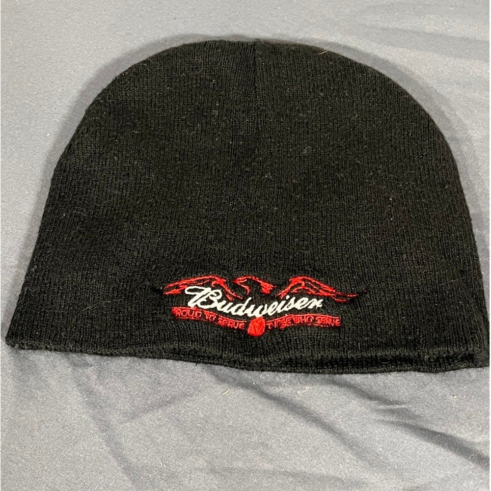 Budweiser Armed Forces Beanie Black Knit Hat Proud To Serve Those Who Serve Logo